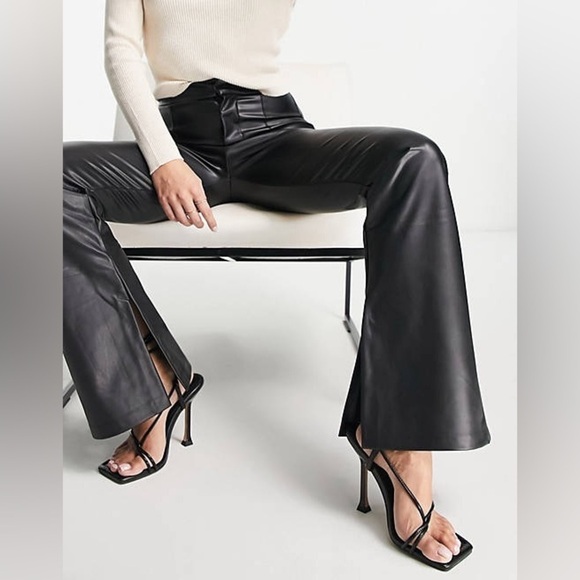 Zara Black Faux Leather High Rise Straight Leg Split Ankle Hem Pants - Picture 2 of 8